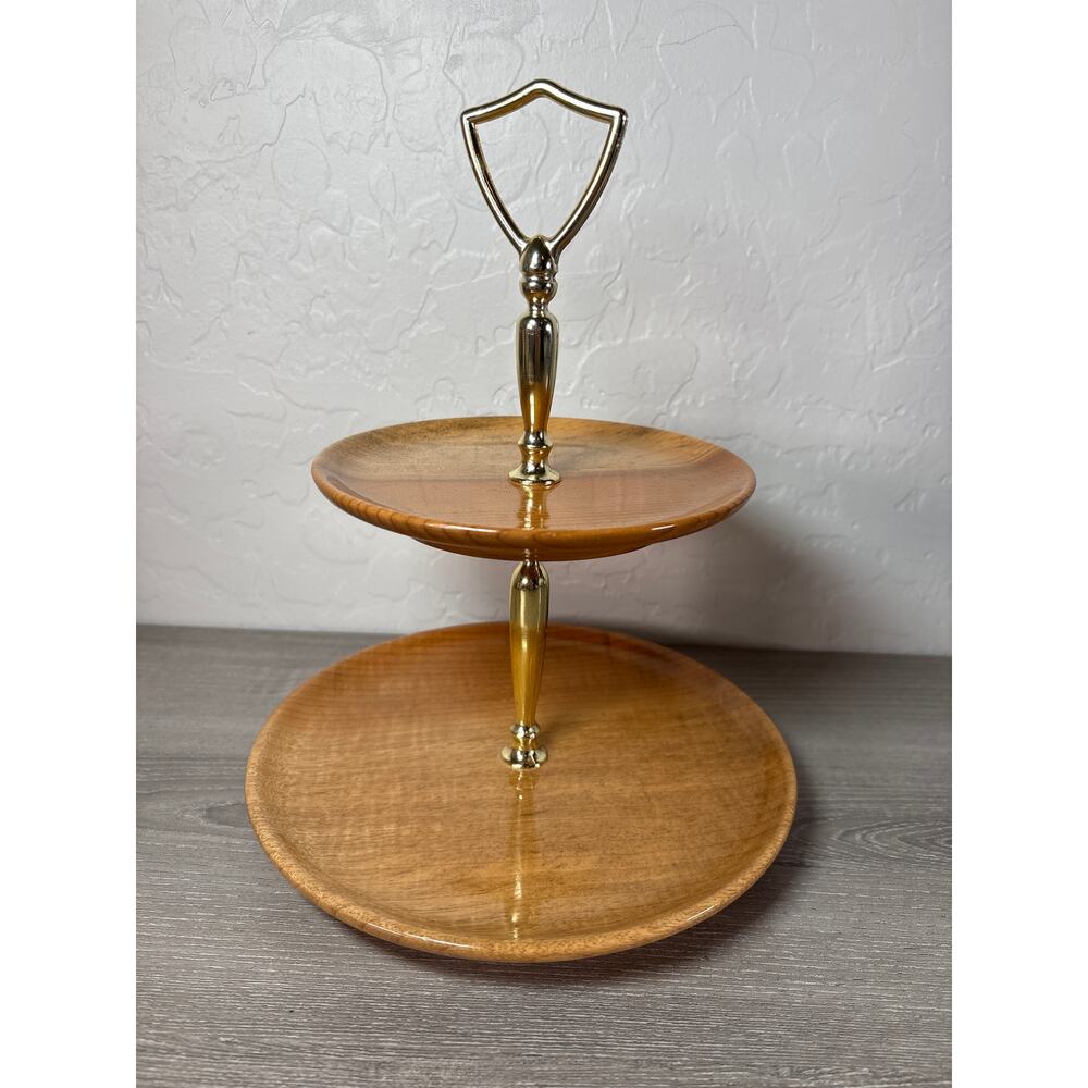 Handmade Vintage Myrtle wood‎ Two Tired Serving Tray Fruit Horderves Bowls Wood